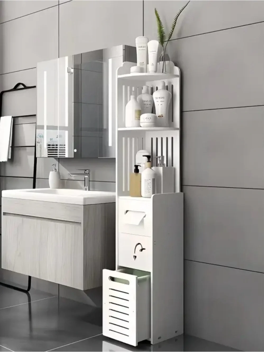 Slim White Bathroom Storage Tower with Shelves and Drawer - White
